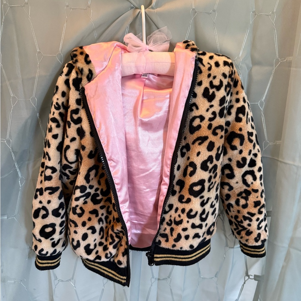Chenault Girl Leopard Print Fur Jacket with Hood